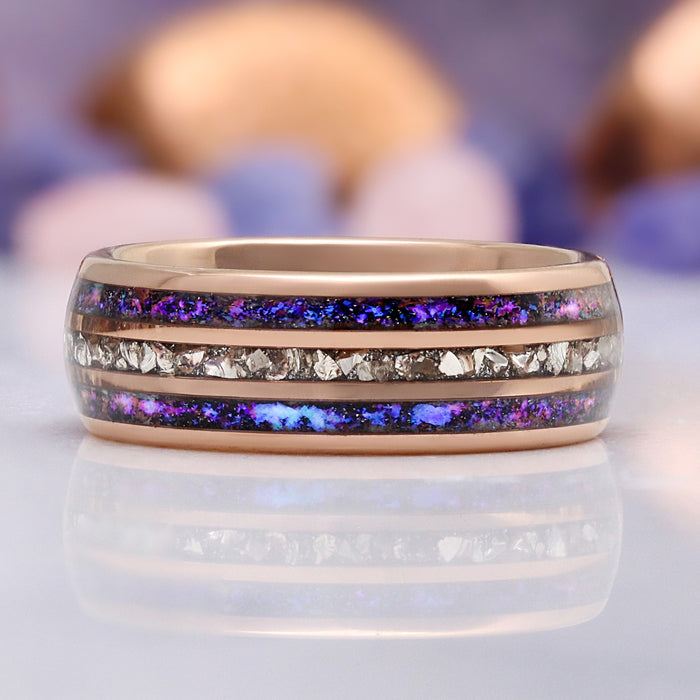 Orion Nebula® & Crushed Diamond Men's Wedding Band in Rose Gold Tungsten (8mm) – close-up detail