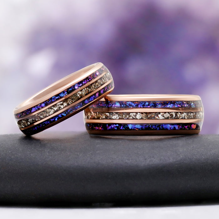 Orion Nebula® & Crushed Diamond Men's Wedding Band in Rose Gold Tungsten (8mm) – band detail