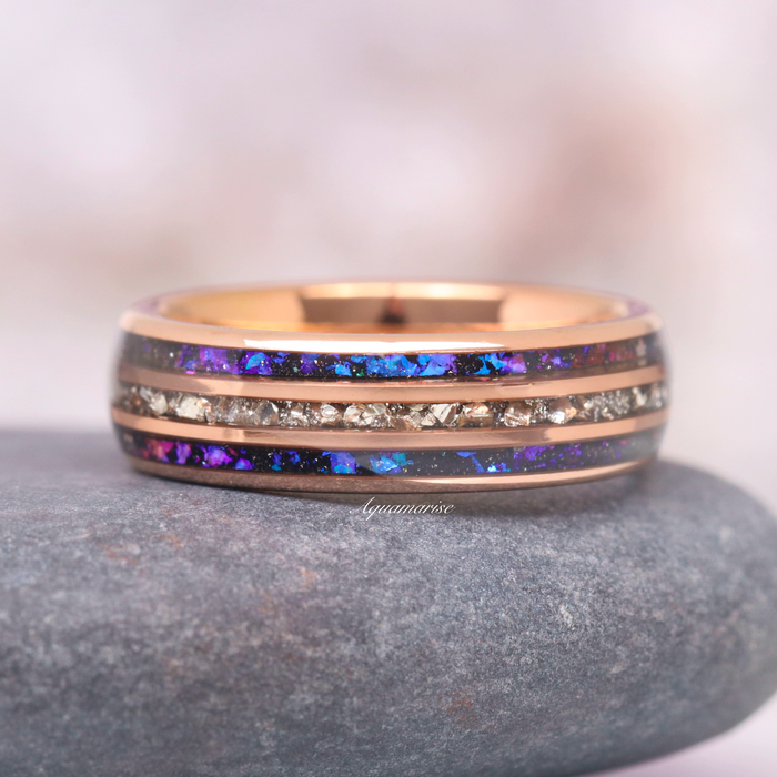 Orion Nebula™ & Crushed Diamond Couples Ring Set featuring crushed simulated diamonds and vibrant blue-purple inlays by Aquamarise, a unique matching couples ring.