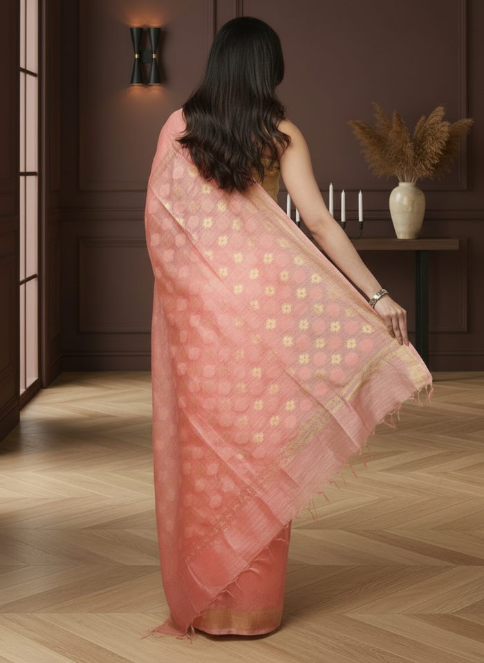 Banarasi Silk Linen Pink Handloom Saree