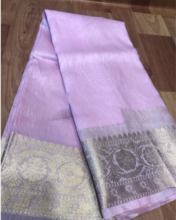 Silk Linen Banarasi Brocade Handloom Violet Saree with Blouse-Indiehaat