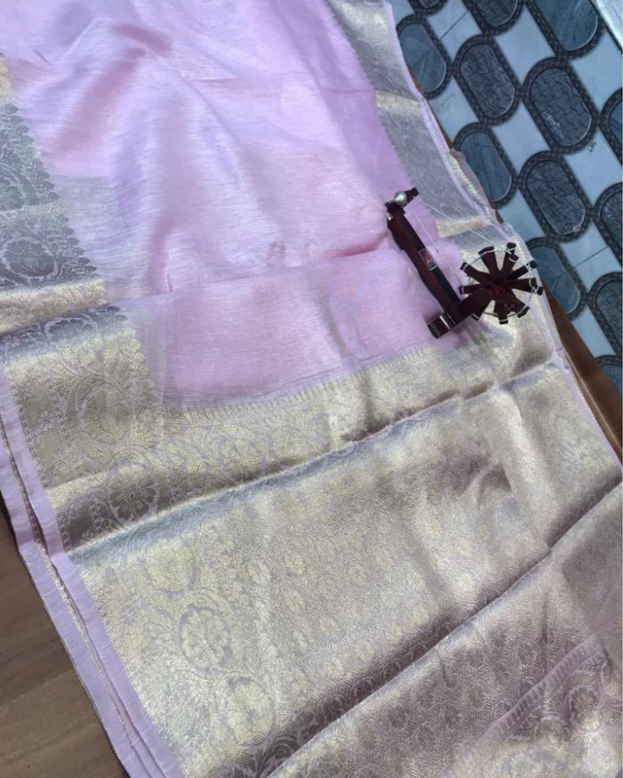 Silk Linen Banarasi Brocade Handloom Violet Saree with Blouse-Indiehaat