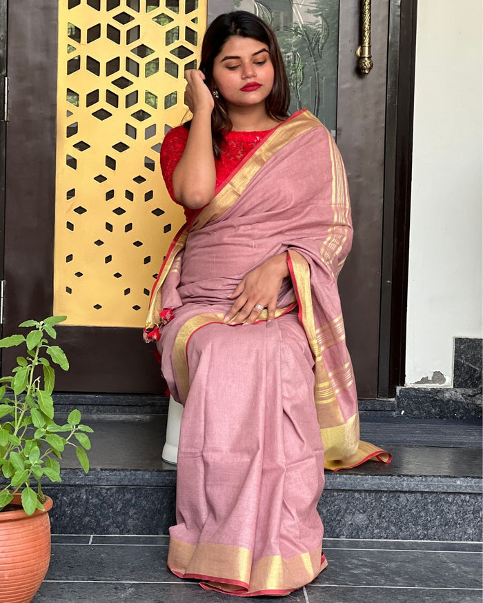 Handwoven Pure Linen Saree Dusky Pink Color with running Blouse - IndieHaat