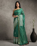 Ornamental Silk Linen Embroidered Green Saree