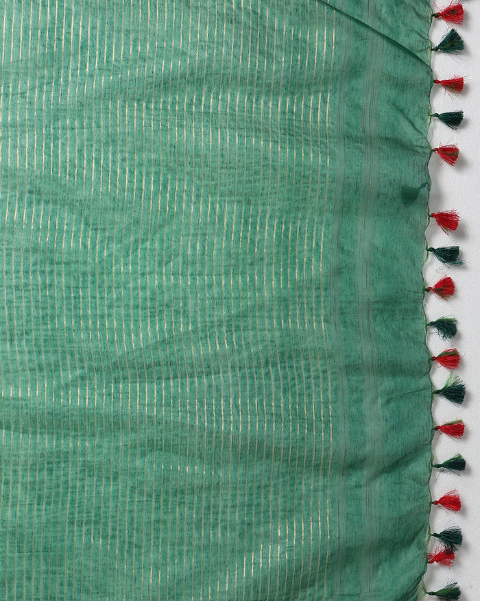 Ornamental Silk Linen Embroidered Green Saree