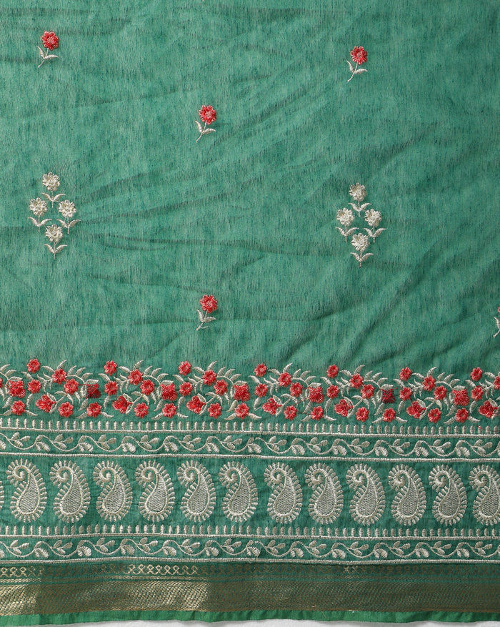 Ornamental Silk Linen Embroidered Green Saree