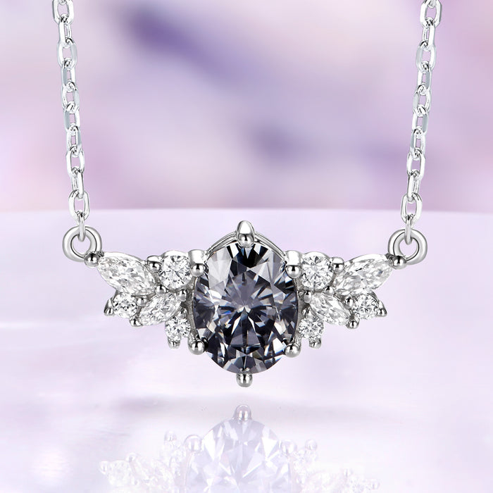 Oval gray moissanite cluster necklace in sterling silver with marquise and round clear moissanite accents