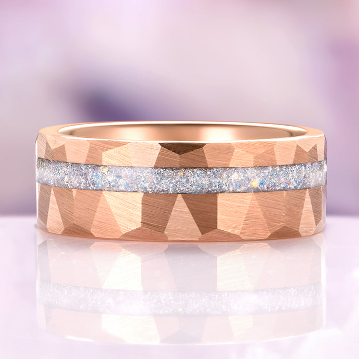 Galaxy Rainbow Moonstone Couples Ring Set by Aquamarise, rose gold band with hammered finish featuring a sparkling moonstone inlay, part of Matching Couples' Rings and June Birthstone Jewelry collections.