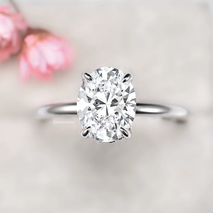Oval Solitaire Engagement Ring | Sterling Silver Hidden Halo Ring