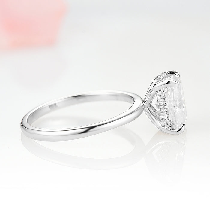 Oval Solitaire Engagement Ring | Sterling Silver Hidden Halo Ring
