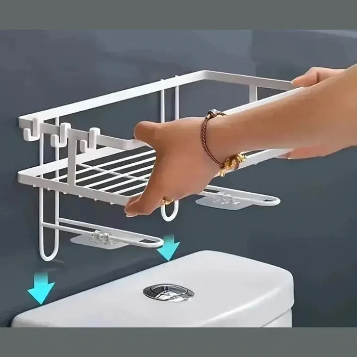 Over the toilet storage shelf installation demonstration with non-punching setup above a toilet.