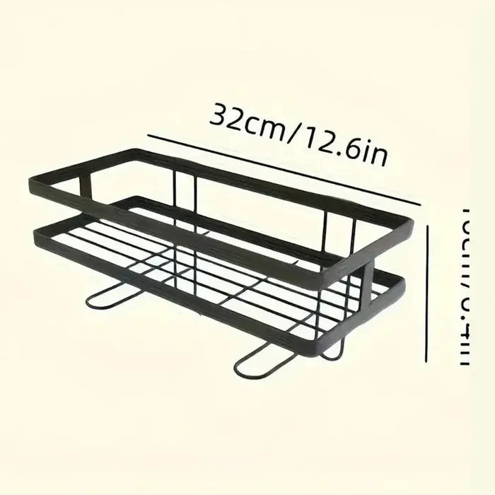Over the toilet storage shelf dimensions showcasing a black metal organizer rack, 32cm x 16cm for bathroom use.