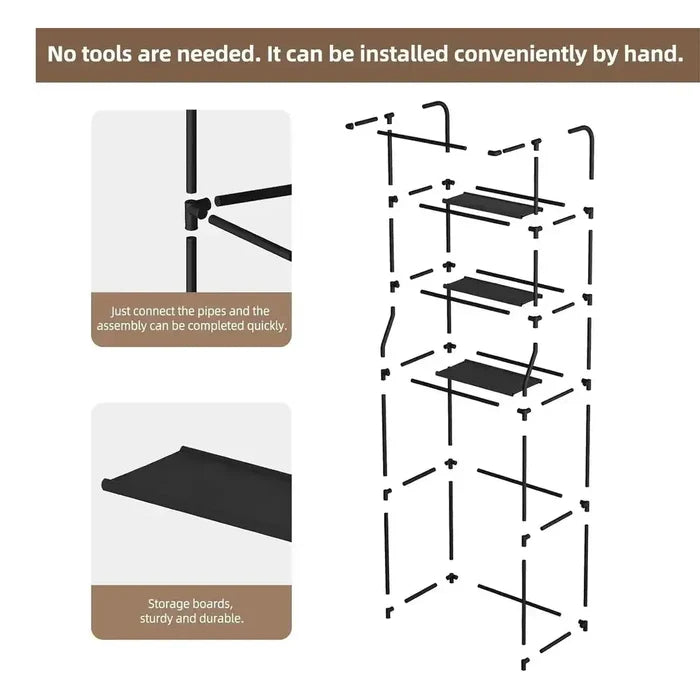 Over-the-toilet storage shelf with towel rack installation guide, no tools required, quick and easy assembly.