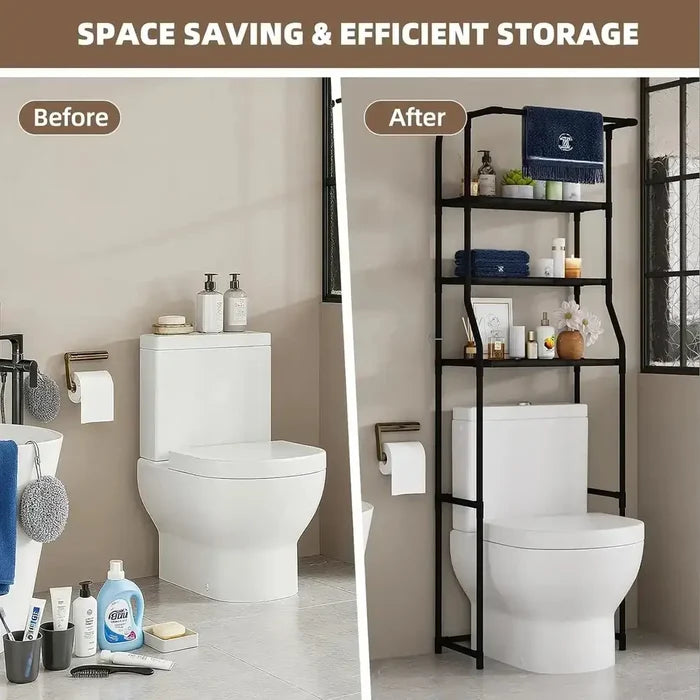 Over-the-toilet storage shelf with towel rack, showing efficient organization.