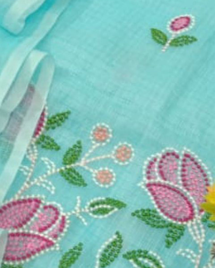 Pankhudi Blissful Blue Kota Cotton Embroidered Suit (T+D)