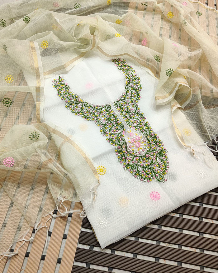 Indiehaat | Kota Cotton Embroidery White Suit (Top+Dupatta)