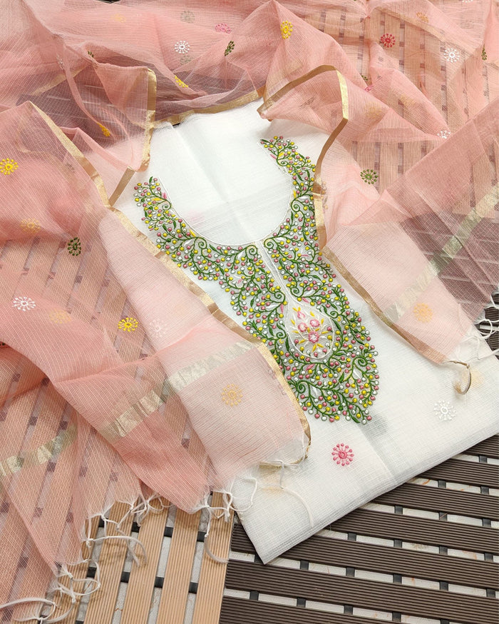 Indiehaat | Kota Cotton Embroidery White Suit (Top+Dupatta)