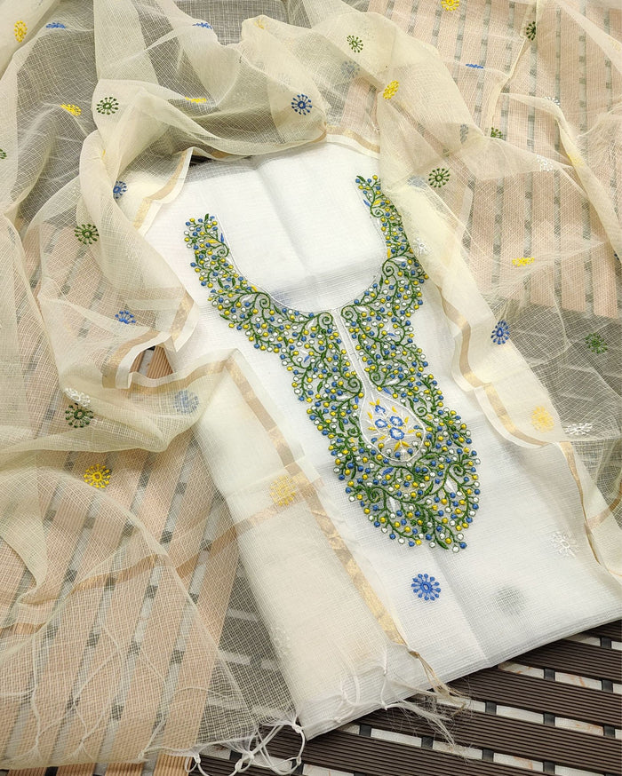 Indiehaat | Kota Cotton Embroidery White Suit (Top+Dupatta)