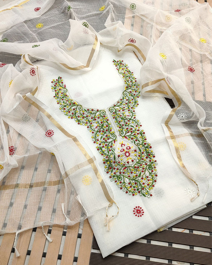 Indiehaat | Kota Cotton Embroidery White Suit (Top+Dupatta)