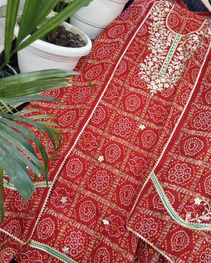 Indiehaat | Kota Cotton Silk Gota Patti Suit Red