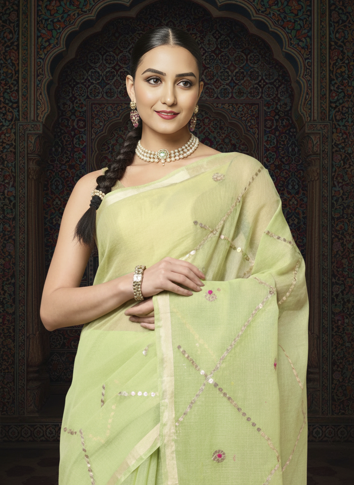 Pankhudi Gota Patti Lime Green Kota Cotton Saree