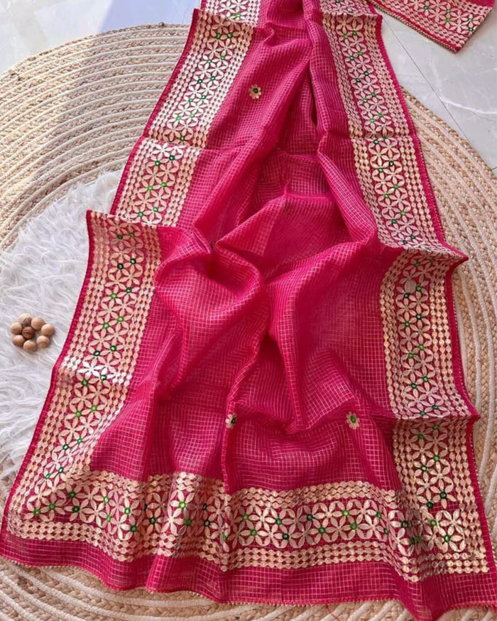 Indiehaat | Kota Cotton Jugnu Checks Gota Patti Pink Saree