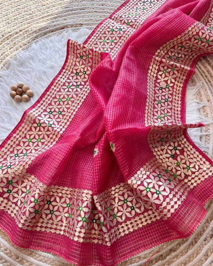Indiehaat | Kota Cotton Jugnu Checks Gota Patti Pink Saree