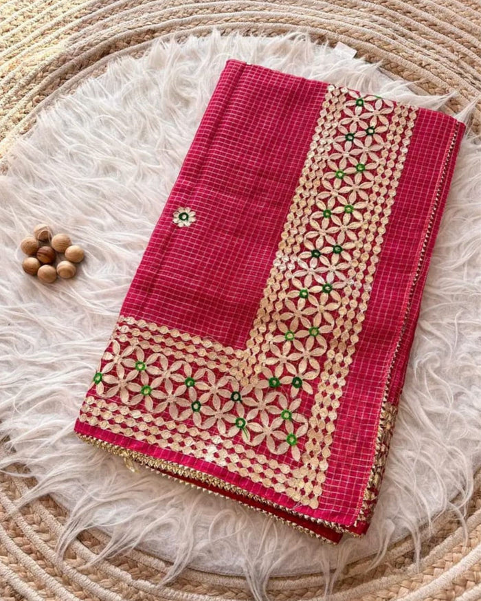 Indiehaat | Kota Cotton Jugnu Checks Gota Patti Pink Saree