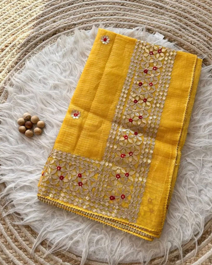 Indiehaat | Kota Cotton Jugnu Checks Gota Patti Yellow Saree