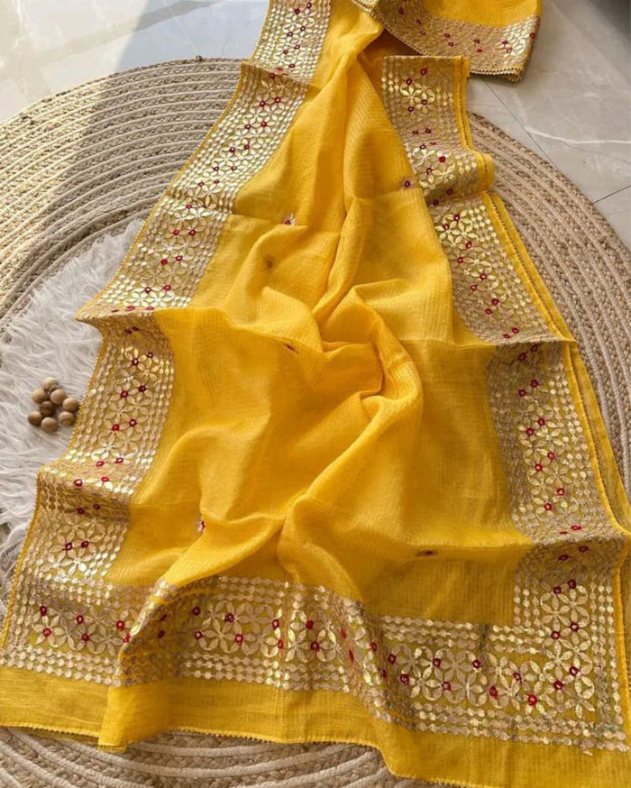 Indiehaat | Kota Cotton Jugnu Checks Gota Patti Yellow Saree