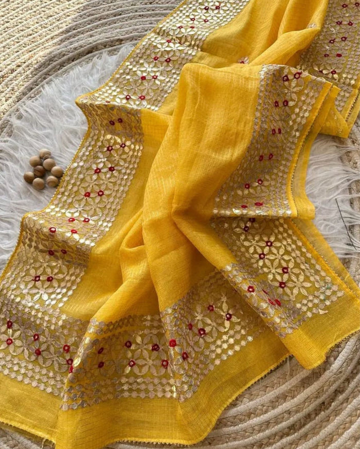 Indiehaat | Kota Cotton Jugnu Checks Gota Patti Yellow Saree