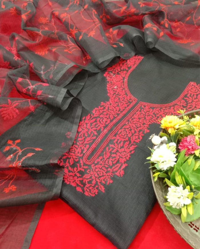 Indiehaat | Kota Cotton Black & Red Embroidered 2 Piece Suit