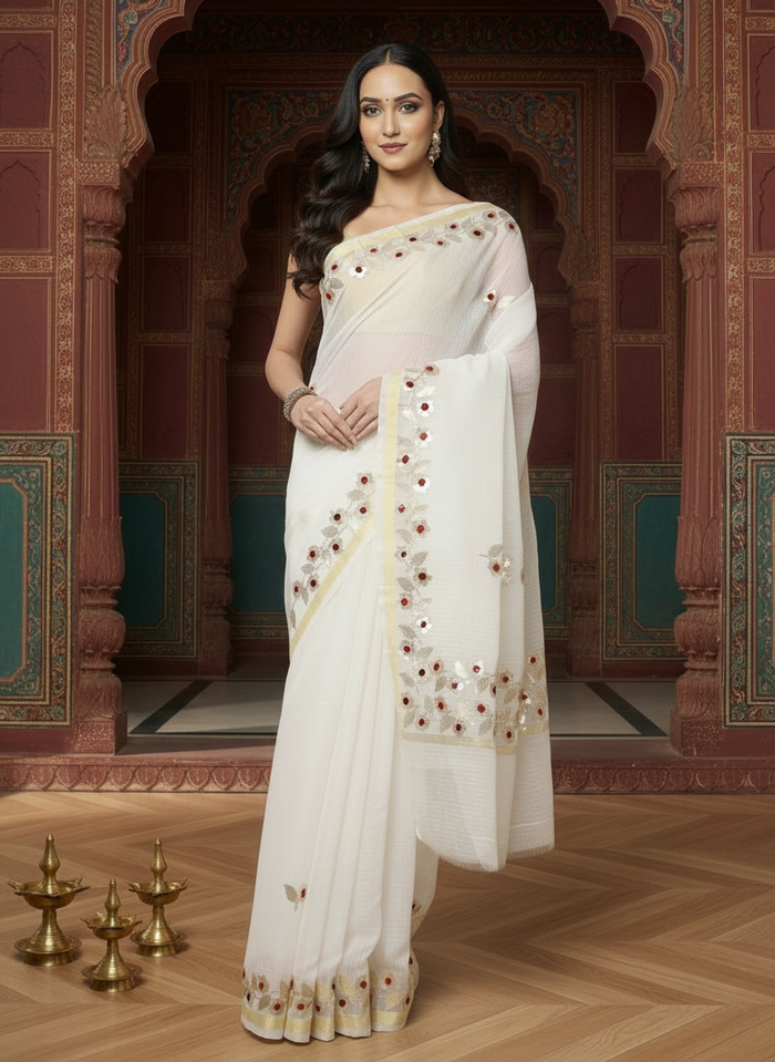 Pankhudi Kota Cotton Gota Patti Pure White Saree