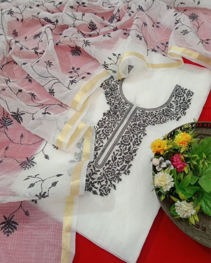 Indiehaat | Kota Cotton White & Black Embroidered 2 Piece Suit