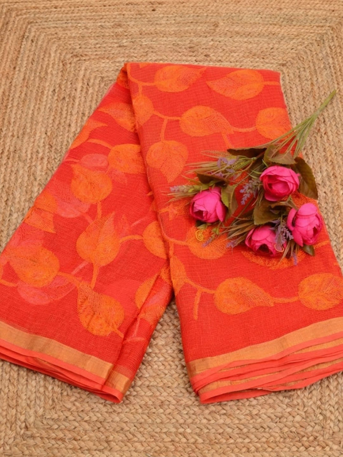 Pankhudi Kota Doria Bold Orange Saree Embroidered