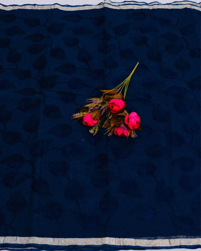 Indiehaat | Pure Cotton Kota Doria Blue Embroidery Saree