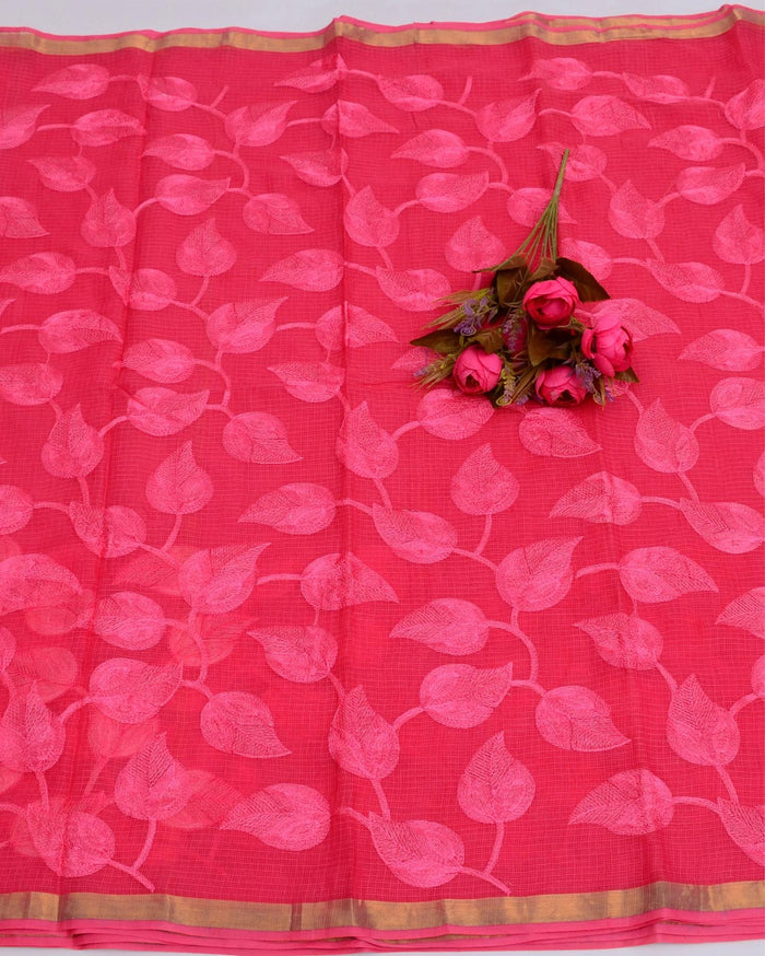 Indiehaat | Pure Cotton Kota Doria Pink Embroidery Saree