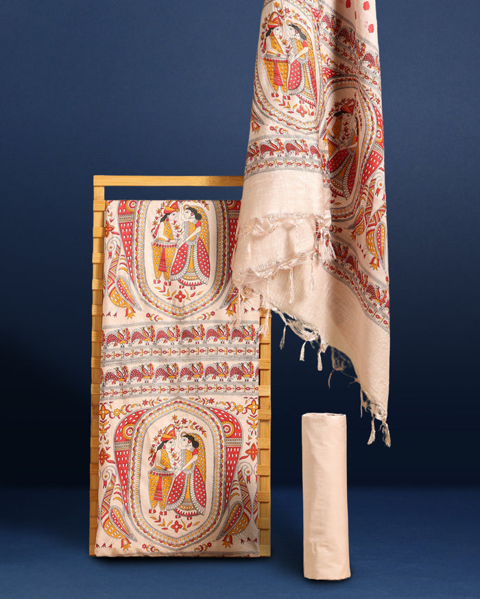 Pastoral Katan Silk Madhubani Beige Suit (T+B+D)