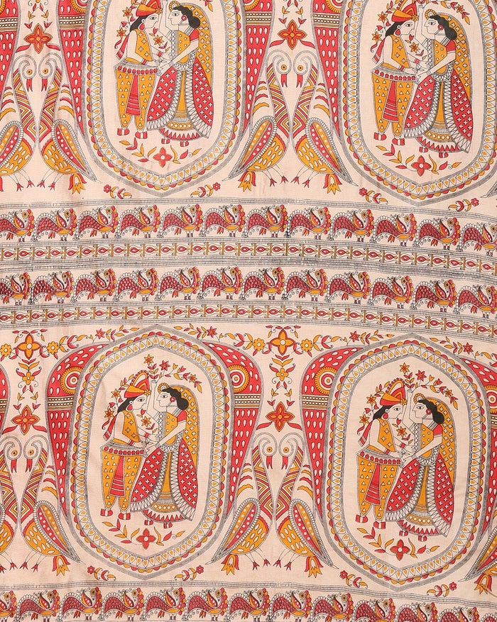 Pastoral Katan Silk Madhubani Beige Suit (T+B+D)