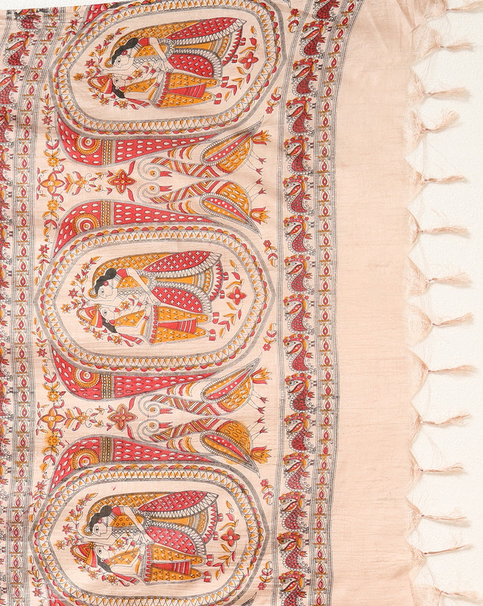 Pastoral Katan Silk Madhubani Beige Suit (T+B+D)