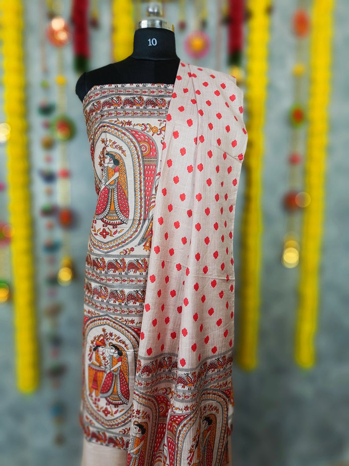 Pastoral Katan Silk Madhubani Beige Suit (T+B+D)