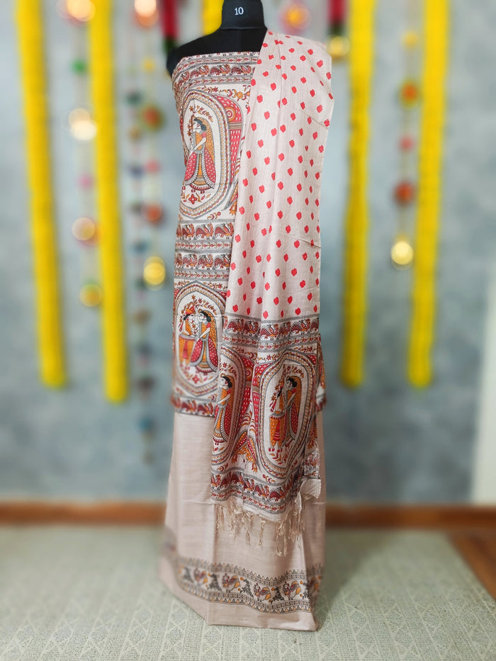 Pastoral Katan Silk Madhubani Beige Suit (T+B+D)