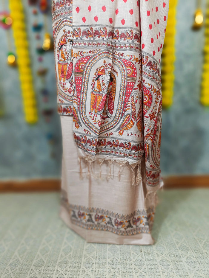 Pastoral Katan Silk Madhubani Beige Suit (T+B+D)