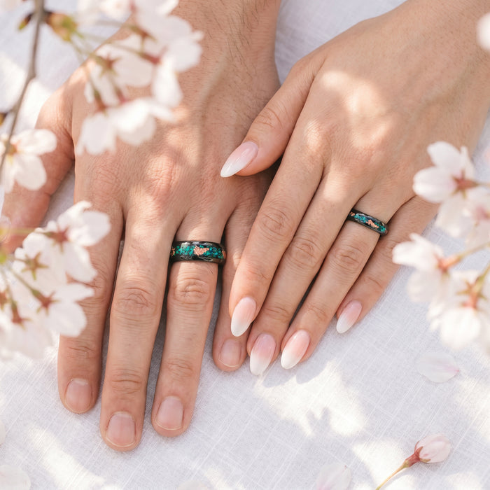 Peacock Fire Opal & Rose Gold Leaf Couples Ring Set worn on hands, featuring vibrant green opal inlay and delicate rose gold leaf details, by Aquamarise matching couples rings collection.