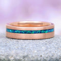 Peacock Fire Opal Wedding Band- 6MM Rose Gold Tungsten featuring a brushed rose gold tungsten band with a vibrant crushed green and blue fire opal inlay, crafted by Aquamarise for Men's and Women's Wedding Bands and October Birthstone collections.
