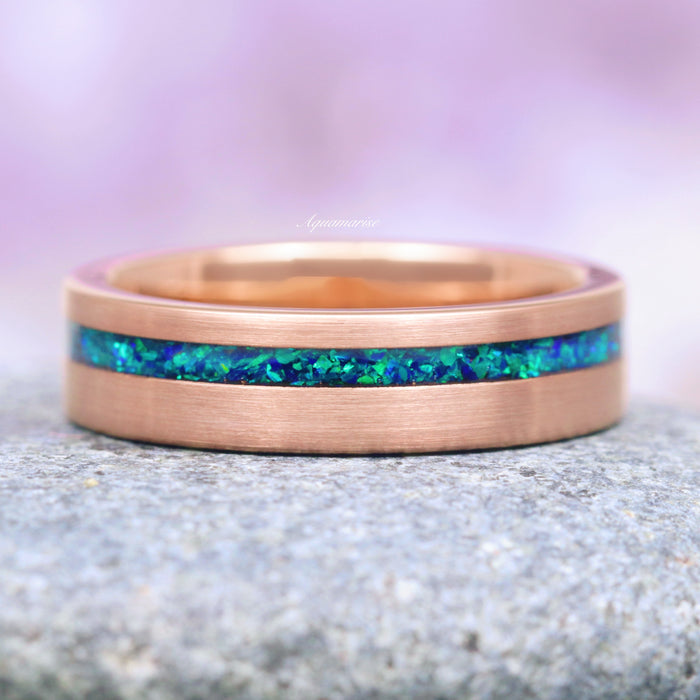 Peacock Fire Opal Wedding Band- 6MM Rose Gold Tungsten featuring a brushed rose gold tungsten band with a vibrant crushed green and blue fire opal inlay, crafted by Aquamarise for Men's and Women's Wedding Bands and October Birthstone collections.