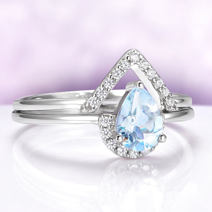 Pear Aquamarine & Diamond Chevron Stacking Ring Set in Sterling Silver