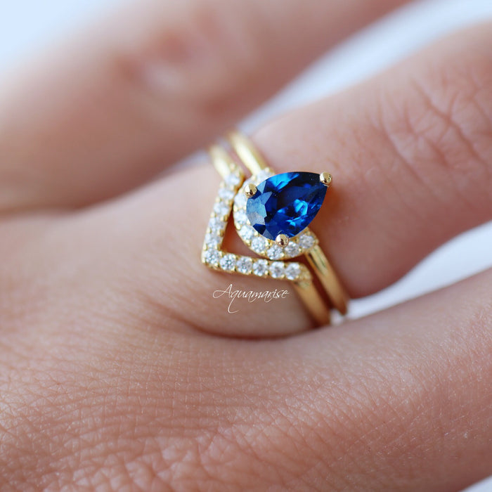 Pear Lab-Grown Sapphire Chevron Stacking Ring Set in 14K Yellow Gold Vermeil