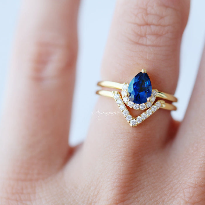 Pear Lab-Grown Sapphire Chevron Stacking Ring Set in 14K Yellow Gold Vermeil