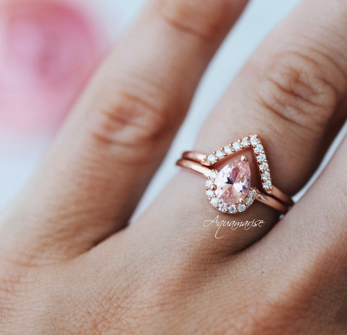 Pear Morganite Chevron Stacking Ring Set